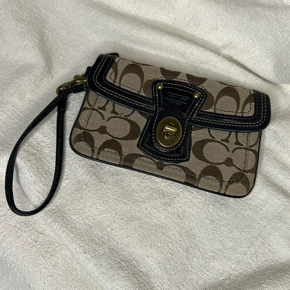 Coach Legacy Signature Brown Canvas & Leather Turnlock Wristlet Striped Interior